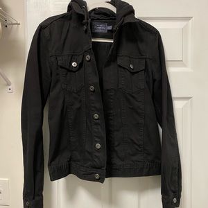 Men’s black denim jacket with hood